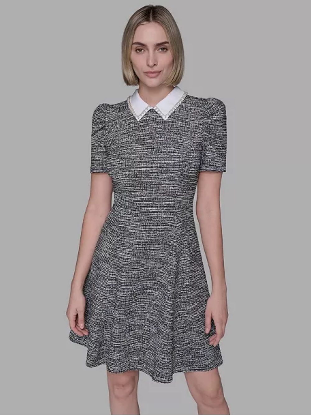 Karl Lagerfeld Black & White Tweed Mini Dress with White Collar like new